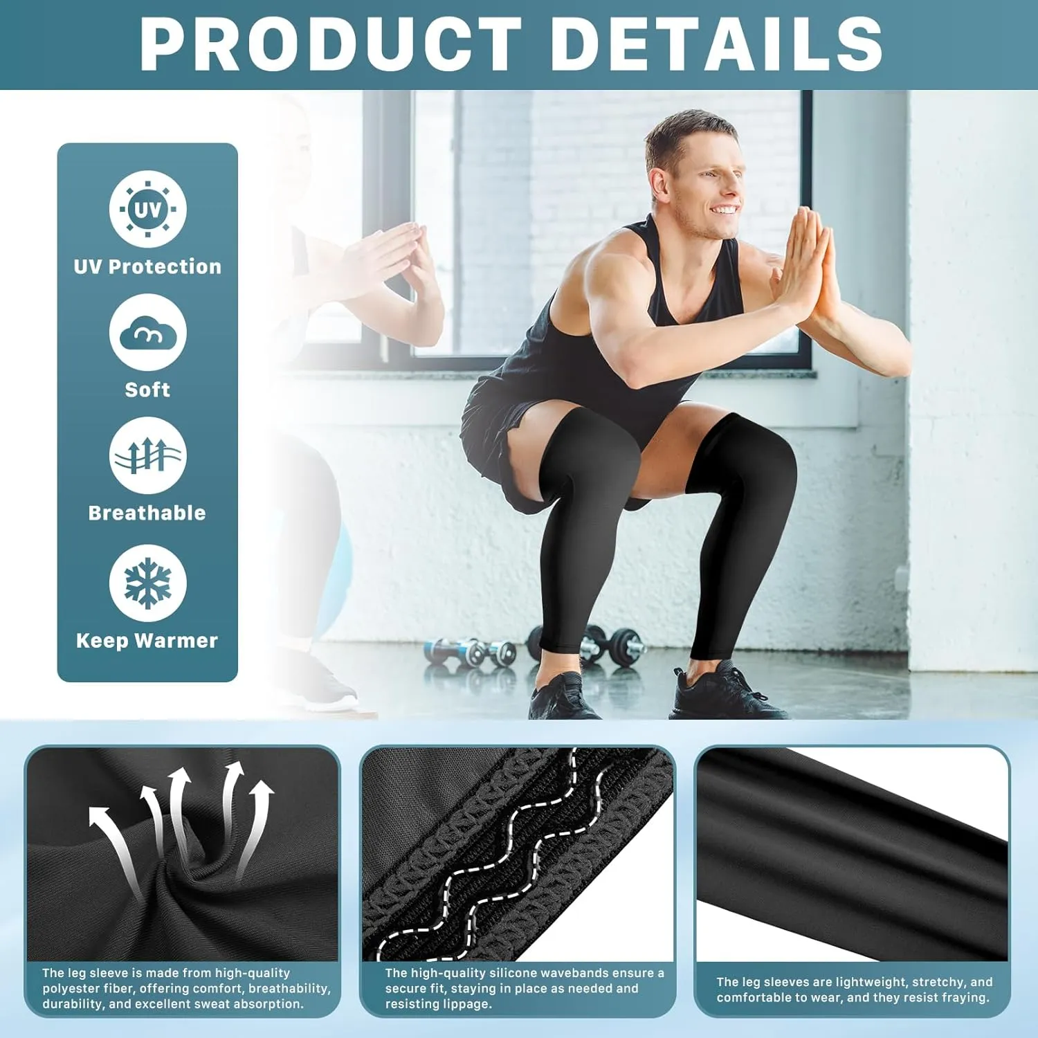 3 Pairs Compression Leg Sleeves,Compression UV Long Leg Sleeves,Full Length Leg Sleeve for Sports Cycling,Black