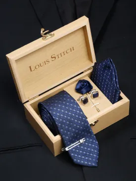 Admiral Blue Luxury Italian Silk Necktie Set With Pocket Square Cufflinks Brooch Chrome Tie pin