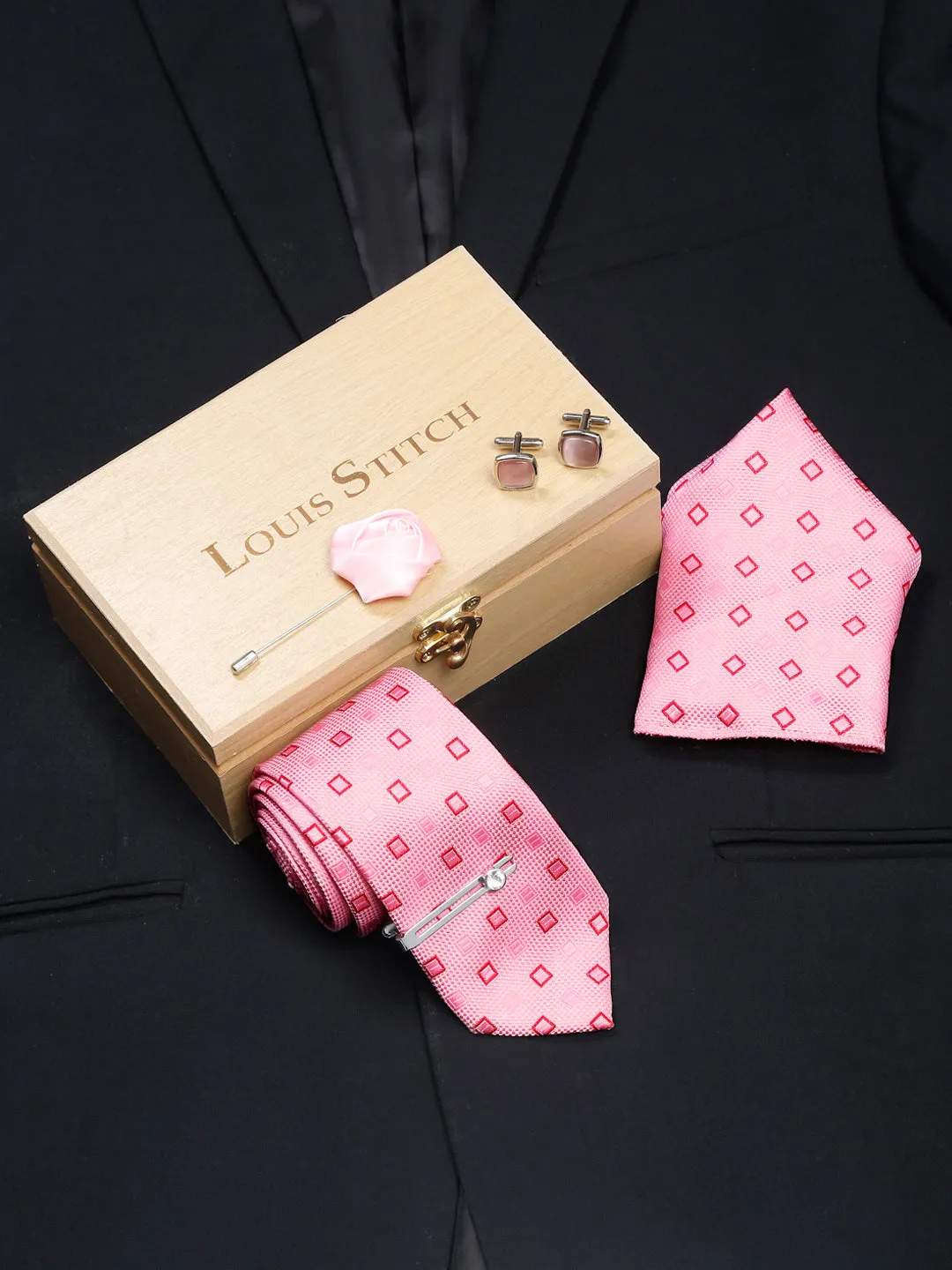 Blush Peach Luxury Italian Silk Necktie Set With Pocket Square Cufflinks Brooch Chrome Tie pin
