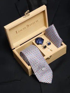 Cloud Grey Luxury Italian Silk Necktie Set With Pocket Square Cufflinks Brooch Chrome Tie pin