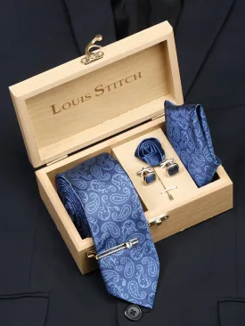 Cobalt Blue Luxury Italian Silk Necktie Set With Pocket Square Cufflinks Brooch Gold Tie pin
