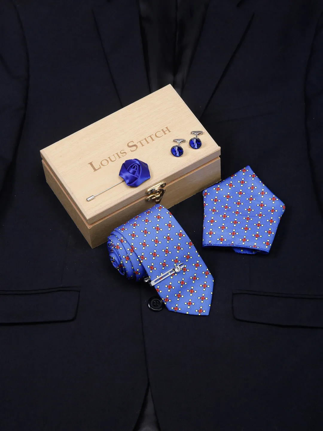 Cornflower Blue Luxury Italian Silk Necktie Set With Pocket Square Cufflinks Brooch Chrome Tie pin