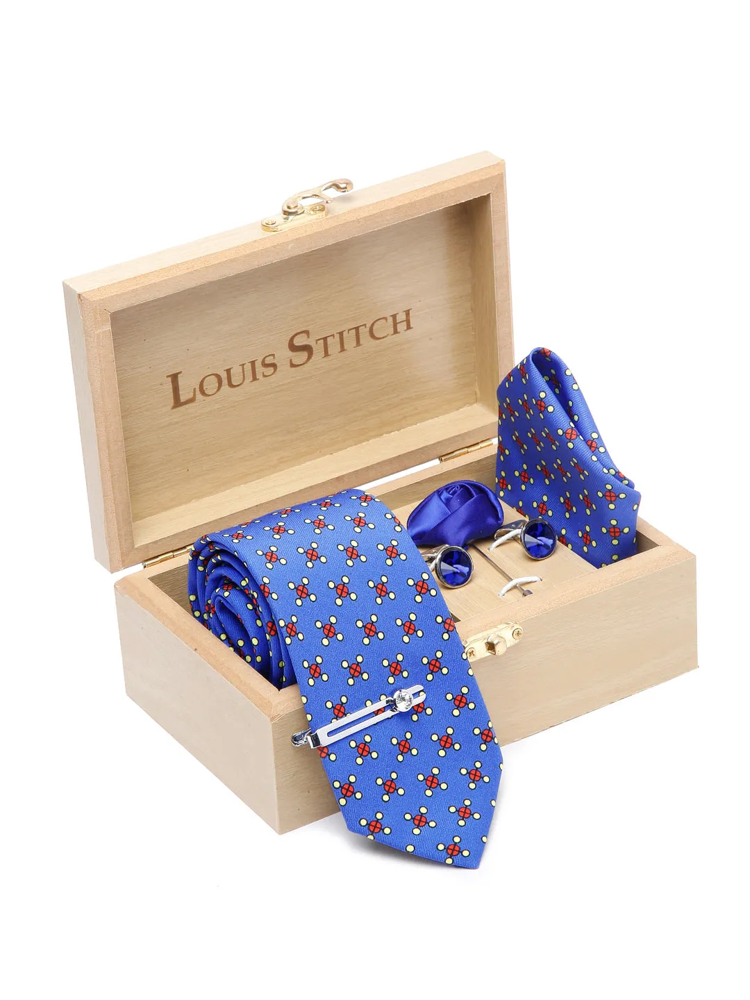 Cornflower Blue Luxury Italian Silk Necktie Set With Pocket Square Cufflinks Brooch Chrome Tie pin