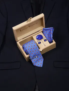 Cornflower Blue Luxury Italian Silk Necktie Set With Pocket Square Cufflinks Brooch Chrome Tie pin