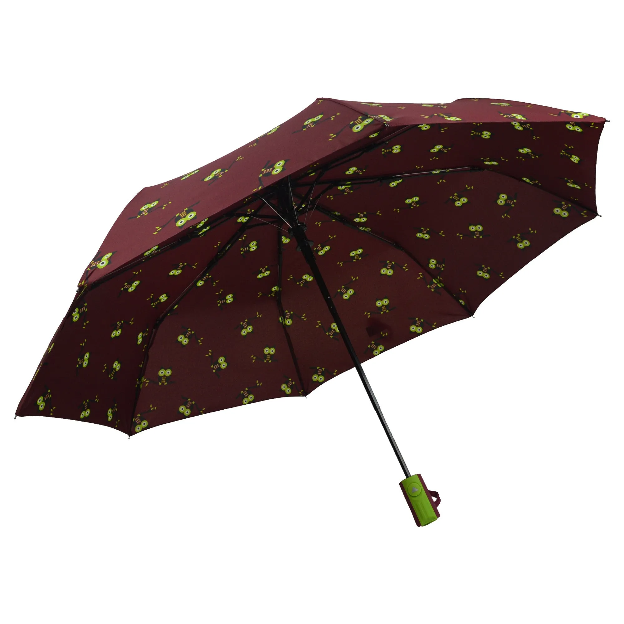 Ladies Colorful Owl Pattern Strong & Durable Automatic Open Folding Umbrella-Maroon