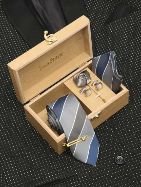 Lined Blue Luxury Italian Silk Necktie Set With Pocket Square Cufflinks Brooch Gold Tie pin