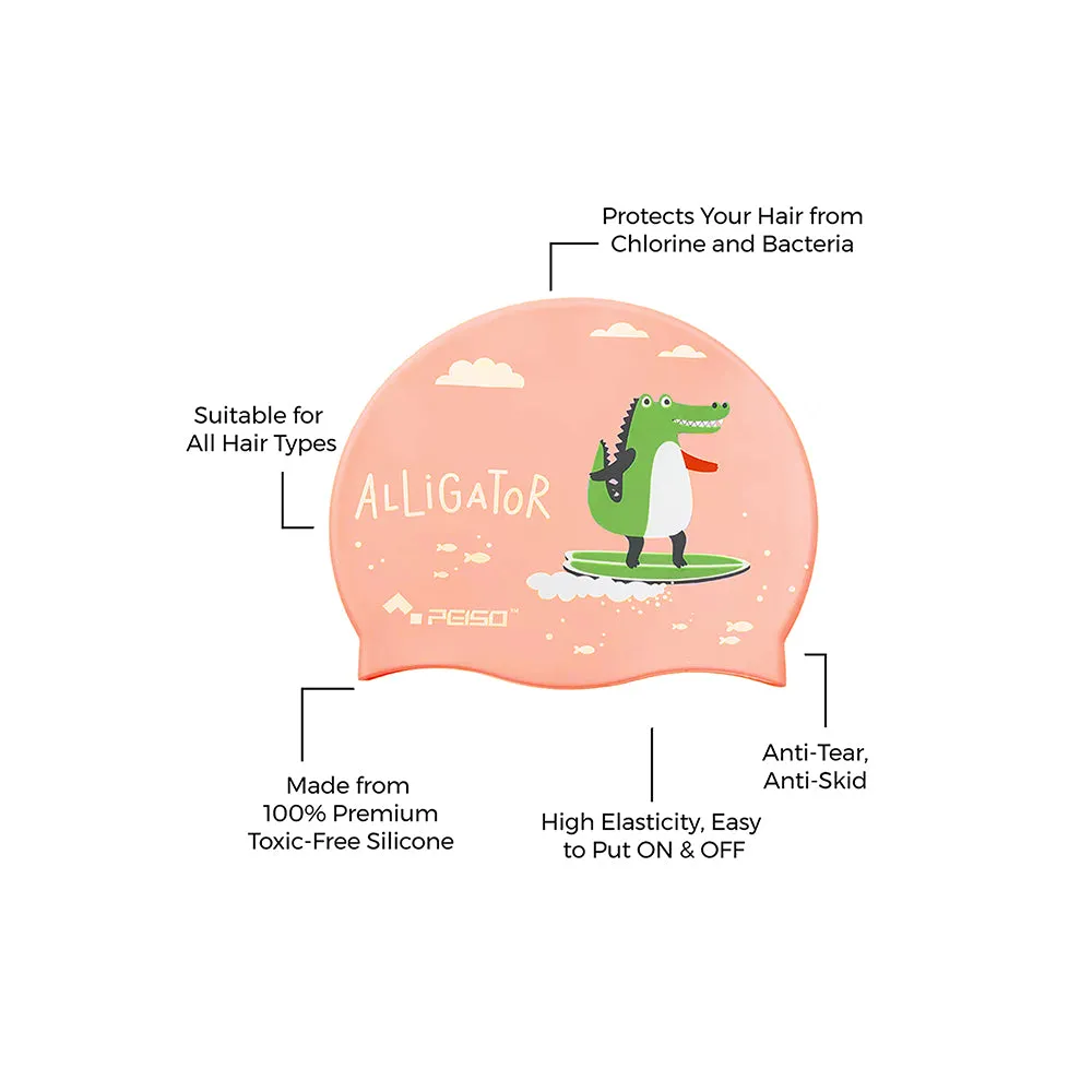 Little Surrpise Box Silicone Kids Swimming Cap, Surfer Alligator Print , Peach
