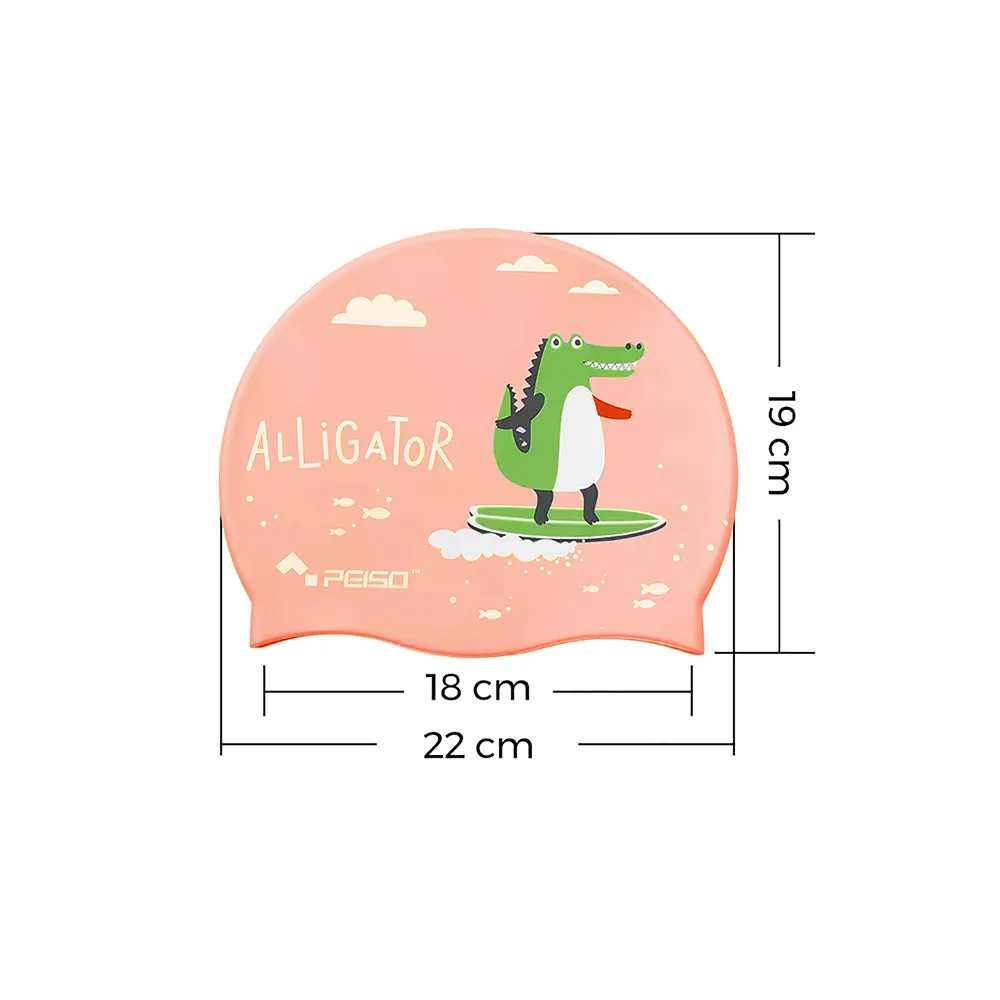 Little Surrpise Box Silicone Kids Swimming Cap, Surfer Alligator Print , Peach
