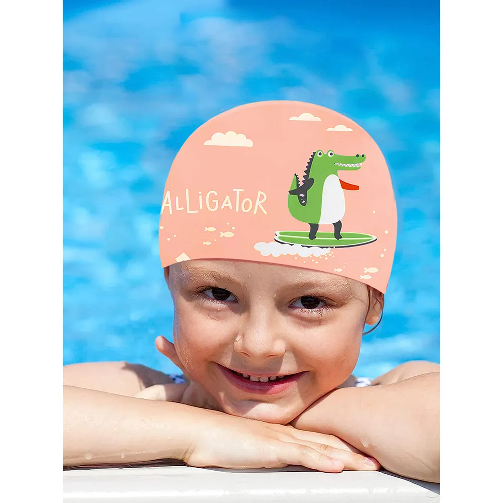 Little Surrpise Box Silicone Kids Swimming Cap, Surfer Alligator Print , Peach