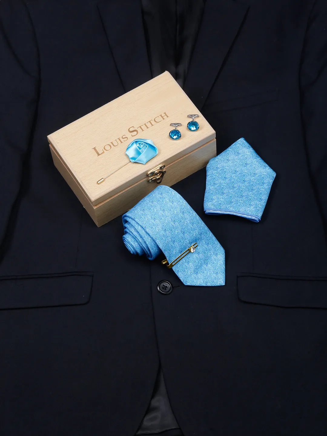 Maya Blue Luxury Italian Silk Necktie Set With Pocket Square Cufflinks Brooch Gold Tie pin