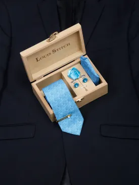 Maya Blue Luxury Italian Silk Necktie Set With Pocket Square Cufflinks Brooch Gold Tie pin