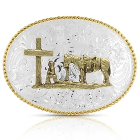Montana Silversmith Small Two-Tone Engraved Buckle with Christian Cowboy