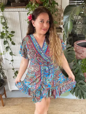 Silk Short Kimono Wrap dress (Blue/green)