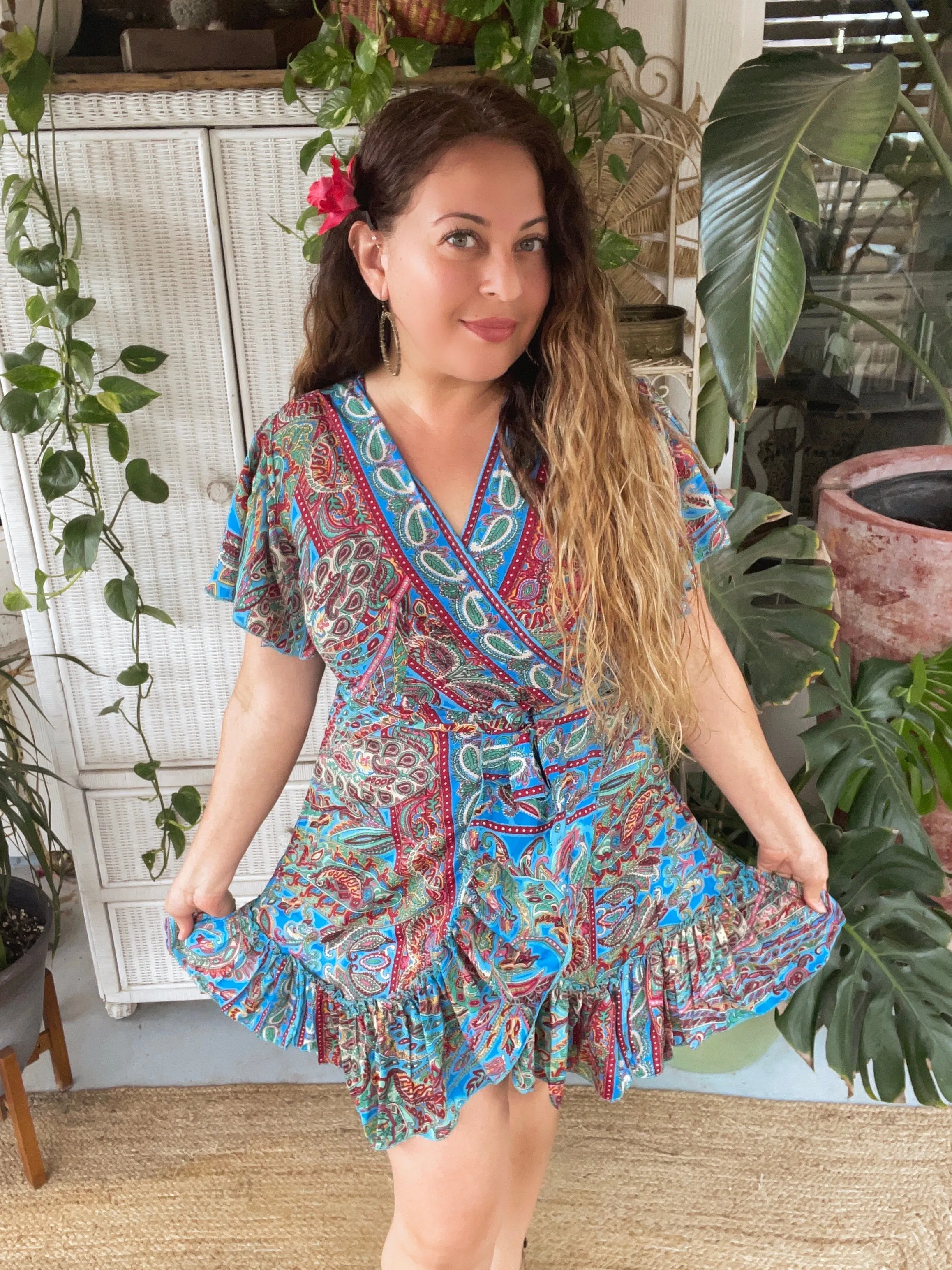 Silk Short Kimono Wrap dress (Blue/green)