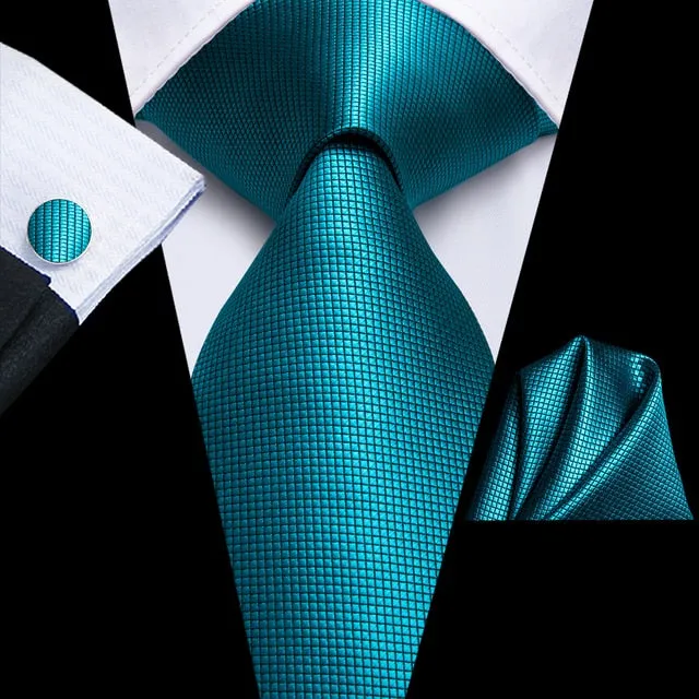 Teal Green Solid Paisley Silk Tie Set