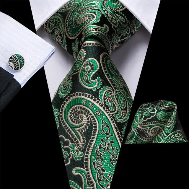 Teal Green Solid Paisley Silk Tie Set