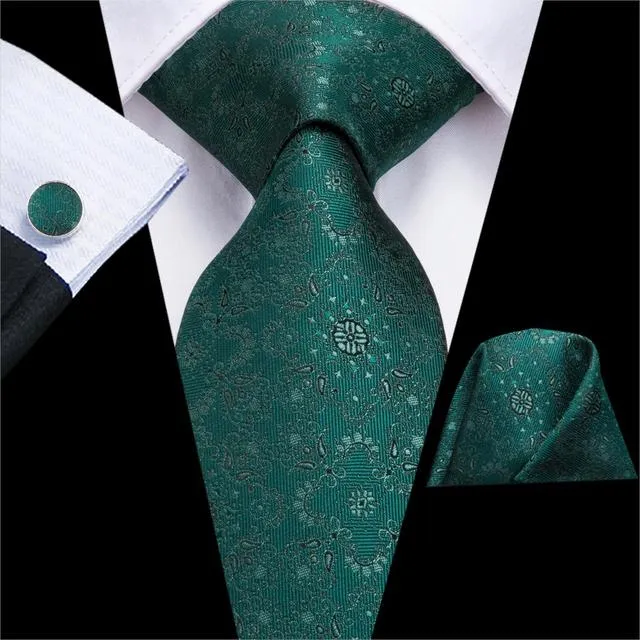 Teal Green Solid Paisley Silk Tie Set