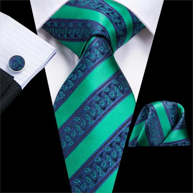 Teal Green Solid Paisley Silk Tie Set