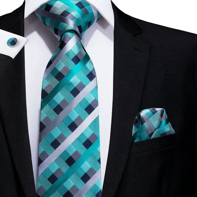 Teal Green Solid Paisley Silk Tie Set