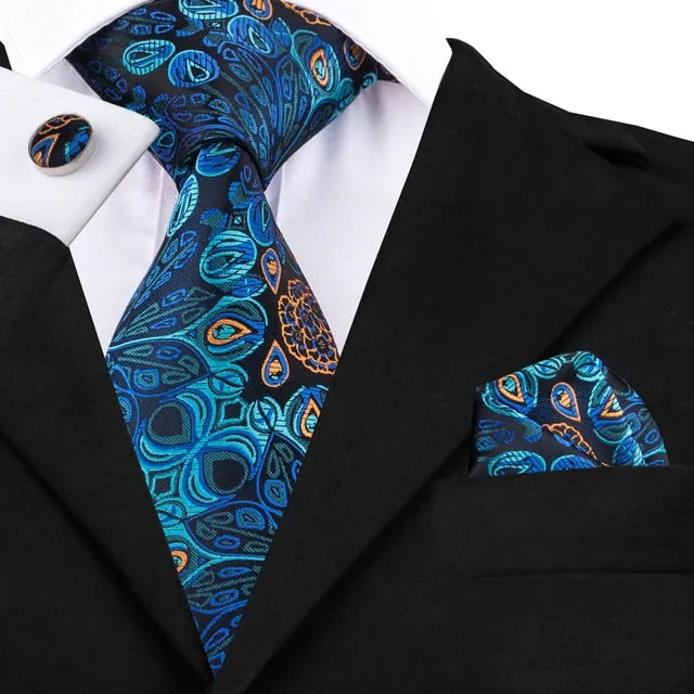 Teal Green Solid Paisley Silk Tie Set