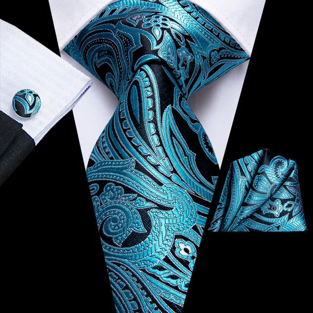 Teal Green Solid Paisley Silk Tie Set