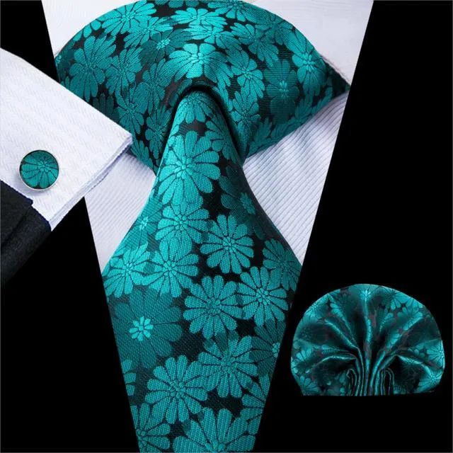 Teal Green Solid Paisley Silk Tie Set