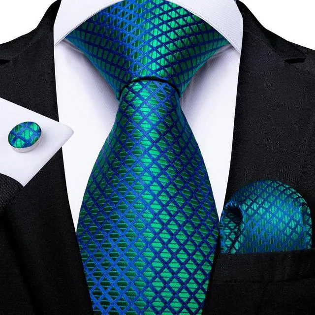 Teal Green Solid Paisley Silk Tie Set