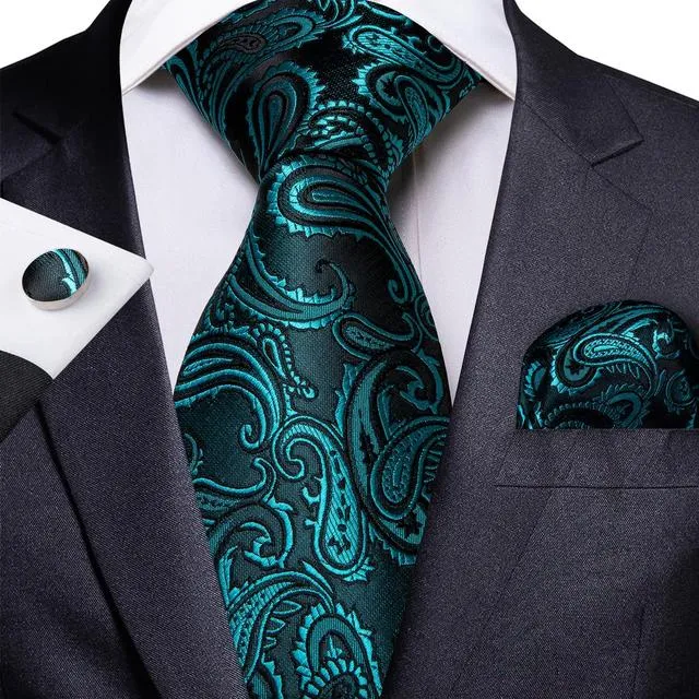 Teal Green Solid Paisley Silk Tie Set