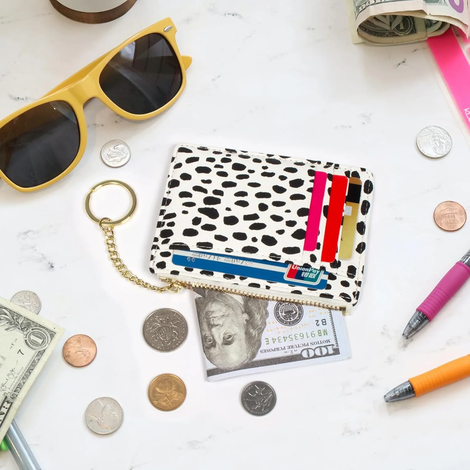 Valentoria Slim RFID Blocking Card Holder Small Pocket Wallet Keychian Zipper Coin Purse Mini Cash & Coin & Cards Case for Women Men