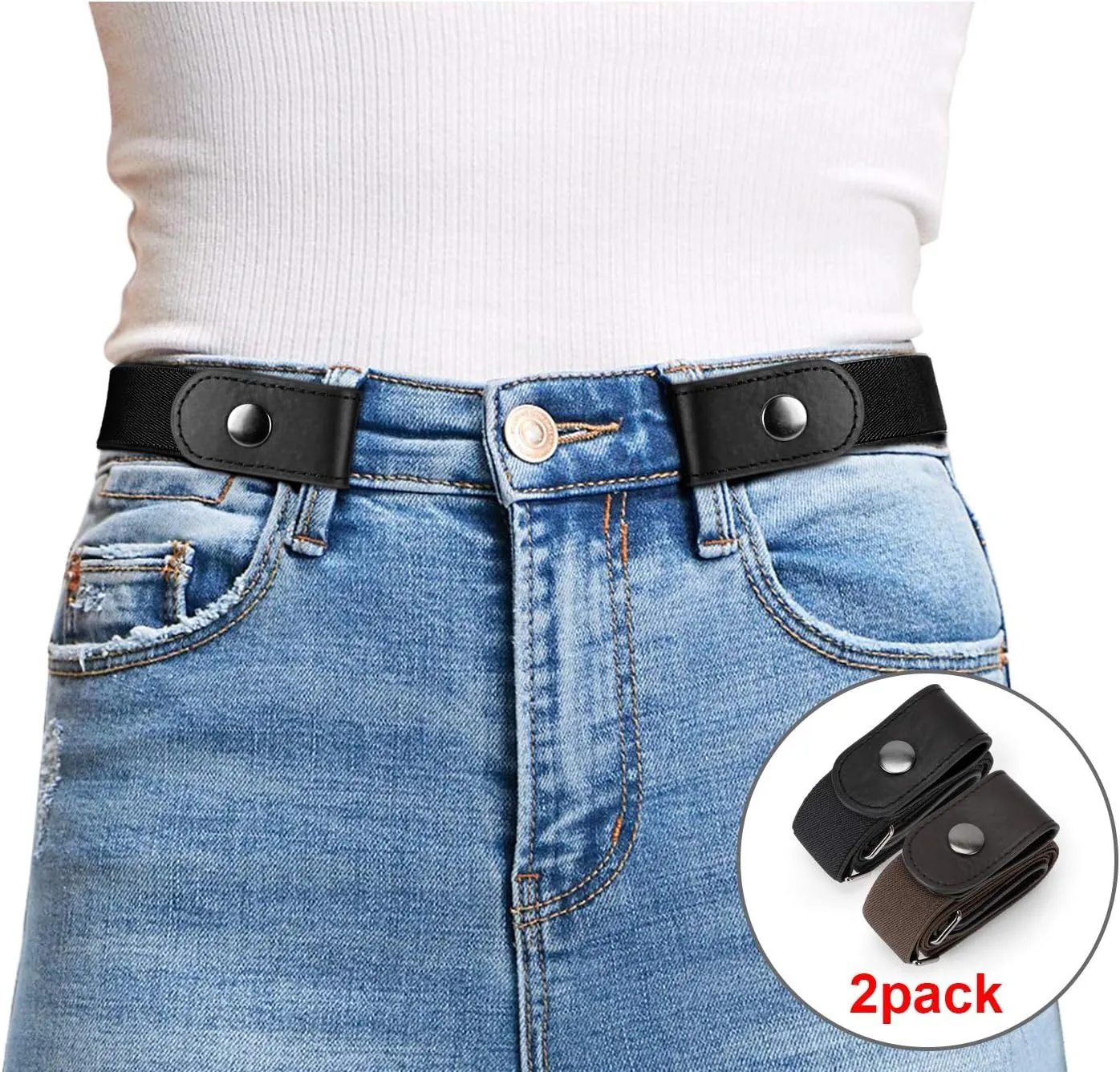 WHIPPY 2 Pack Buckle Free Comfortable Elastic Belt for Women or Men, Buckle-less No Bulge No Hassle Invisible Belts