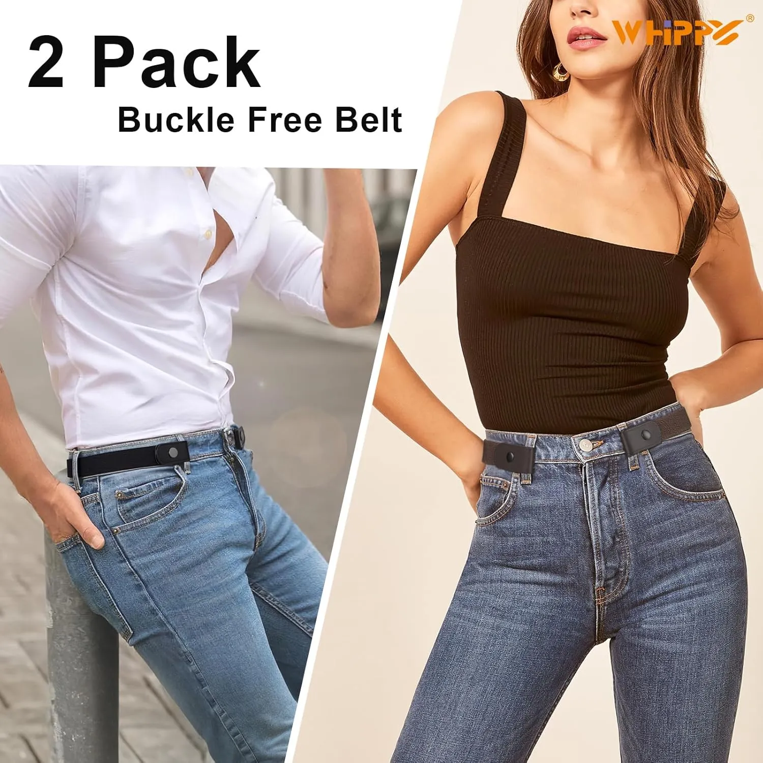 WHIPPY 2 Pack Buckle Free Comfortable Elastic Belt for Women or Men, Buckle-less No Bulge No Hassle Invisible Belts