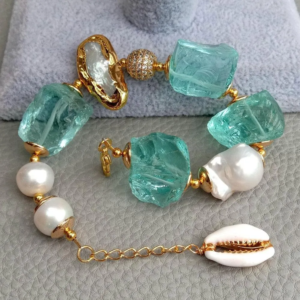 Women's Cultured White Keshi & Biwa Pearls Gold Plated Blue Sea Glass Rhinestones Handmade  Bracelet Chic Fashion Jewelry