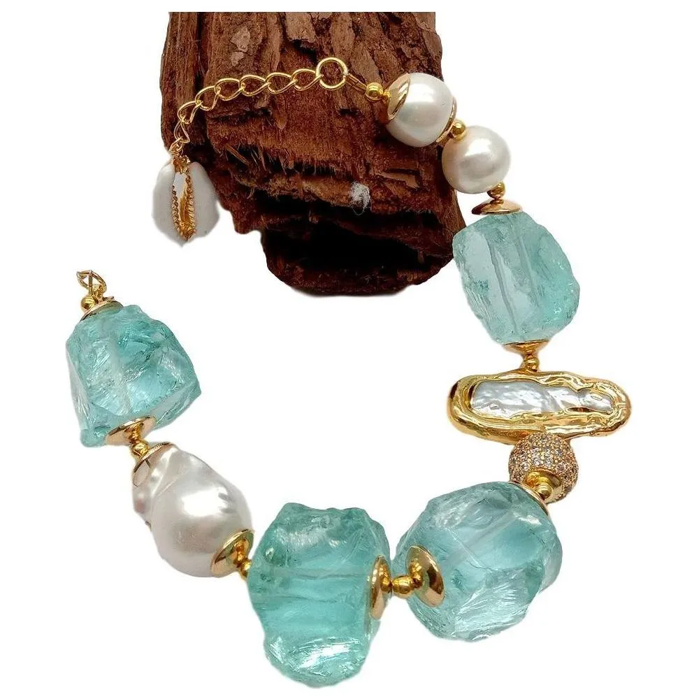 Women's Cultured White Keshi & Biwa Pearls Gold Plated Blue Sea Glass Rhinestones Handmade  Bracelet Chic Fashion Jewelry