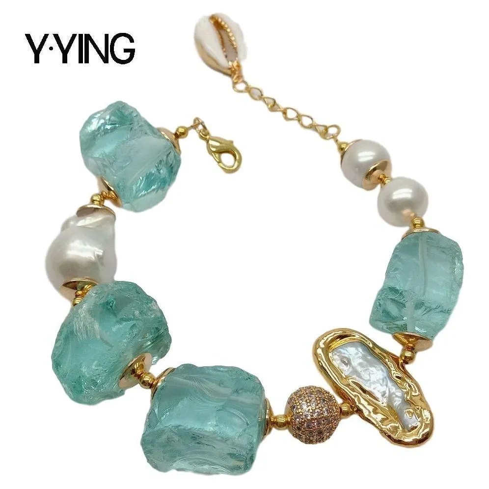 Women's Cultured White Keshi & Biwa Pearls Gold Plated Blue Sea Glass Rhinestones Handmade  Bracelet Chic Fashion Jewelry
