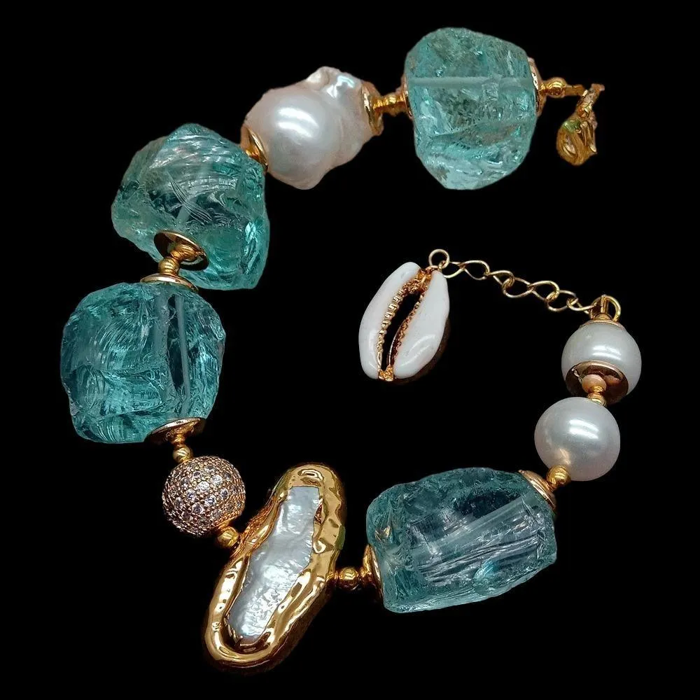 Women's Cultured White Keshi & Biwa Pearls Gold Plated Blue Sea Glass Rhinestones Handmade  Bracelet Chic Fashion Jewelry