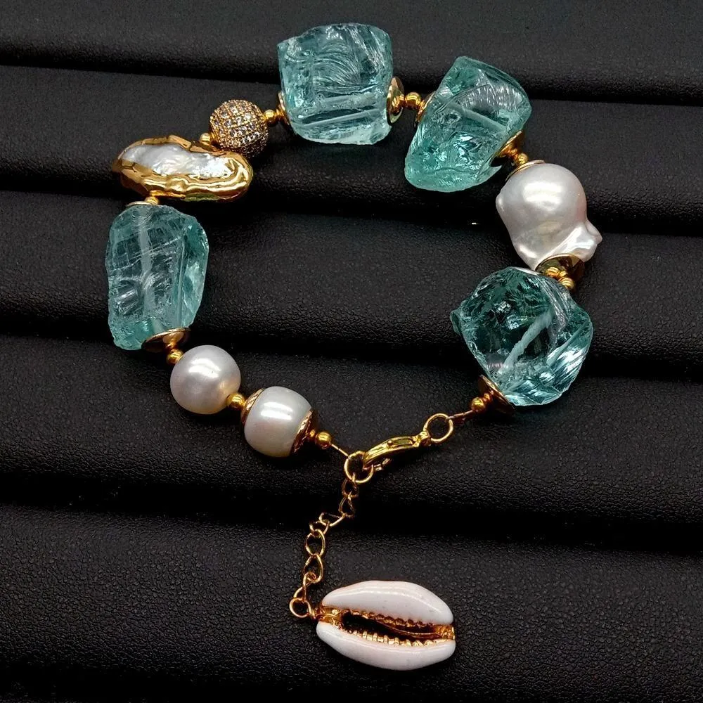 Women's Cultured White Keshi & Biwa Pearls Gold Plated Blue Sea Glass Rhinestones Handmade  Bracelet Chic Fashion Jewelry